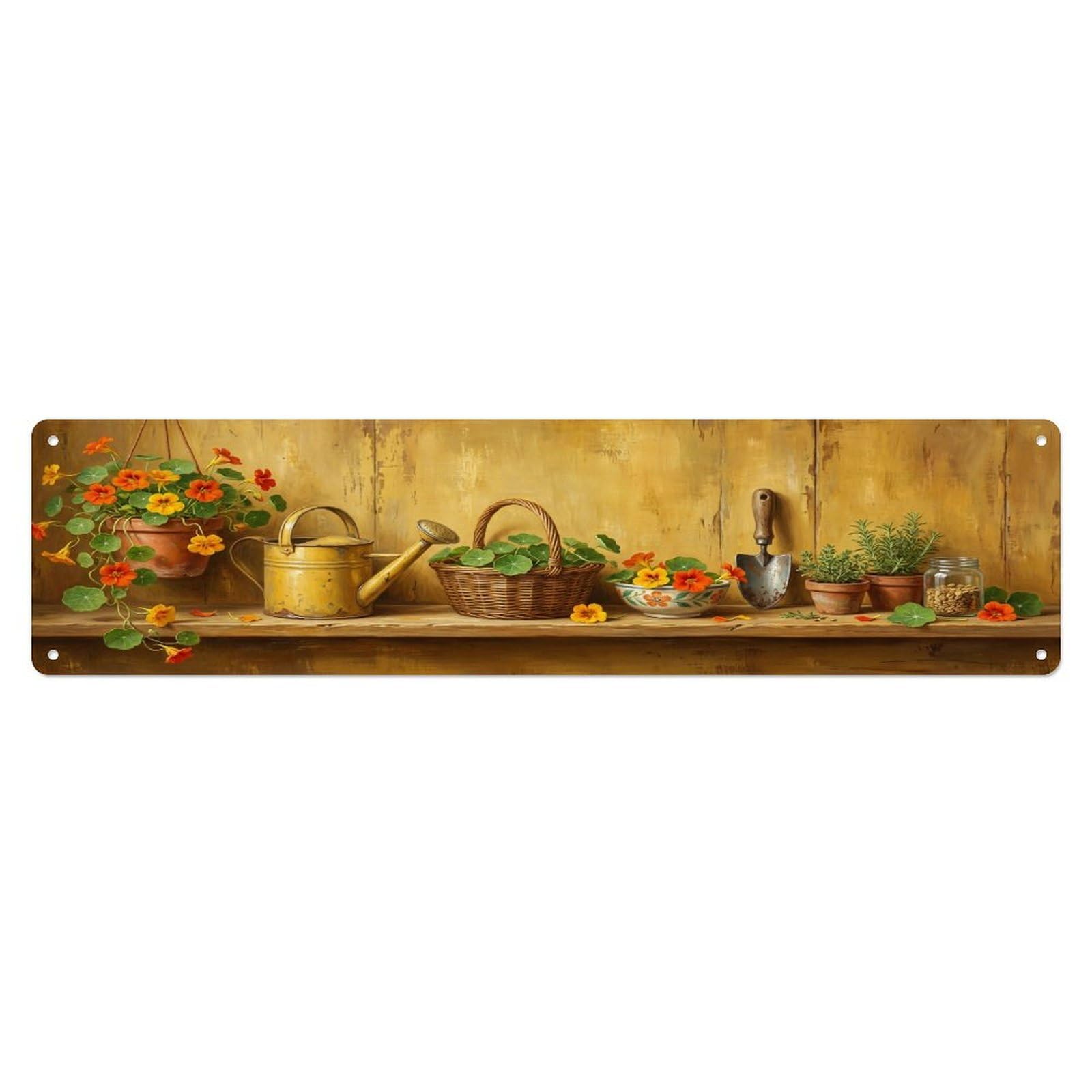 Floral Garden Tools Nasturtium Hanging Pattern Print Metal Tin Sign