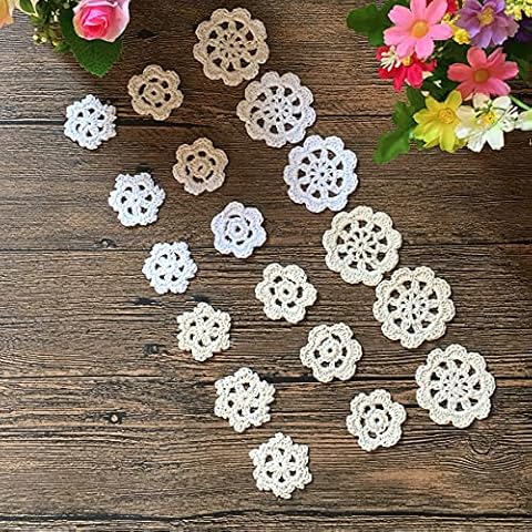 MINDPLUS Set of 18 Super Mini Cotton Doilies 1-2 Inches White Beige Small Hand Crochet Petals Lace Doilies for Crafts(White and Beige) Cover