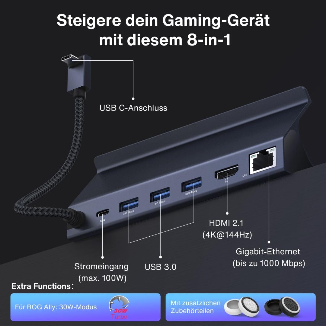 iVANKY Docking Station für Steam Deck/ROG Ally, HDMI 2.1 4K@144Hz, 1Gbps Ethernet, 3*USB-A 3.0, 100W USB-C Ladung, 8-in-1 Dock Kompatibel mit ASUS ROG Alloy X/Legion go/Valve Steam Deck OLED/MSI Claw