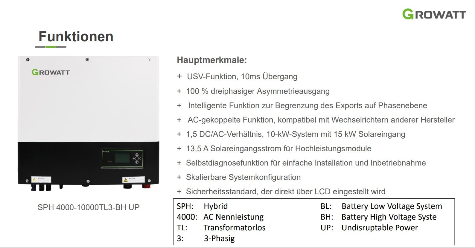 Growatt 10kW Hybrid-Wechselrichter SPH 10000TL3 BH UP – 3-phasig, 2 MPP Tracker – mit Option für eine Solaranlage mit PV- Speicheranbindung