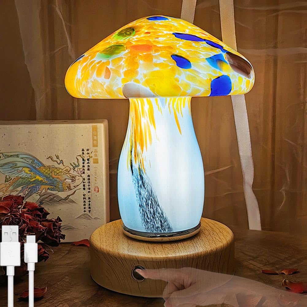LOGT Tiffany Painting Mushroom Table Lamp Coloured Glass Mushroom Lamp Touch Switch Table Light LED Indoor Decorative Bedside Night Lamp Battery Operated Touch Dimmable Night Light USB Rechargeable