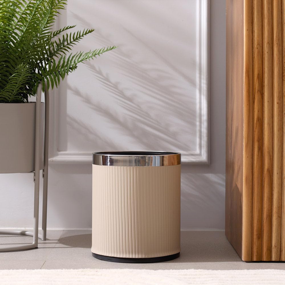 Stylish Taupe Waste Bin - PU Leather & Metal -1