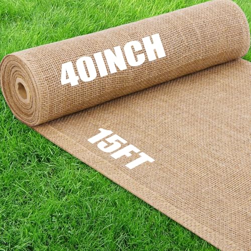 Wukfuiui 40' x15 Feet Burlap Fabric Natural Burlap Roll Multipurpose Burlap Tree Wrap Premium Weed Barrier Erosion Jute Fabric for Gardening, Weddings, Crafts & Holiday Decor – Wedding Aisle Runner