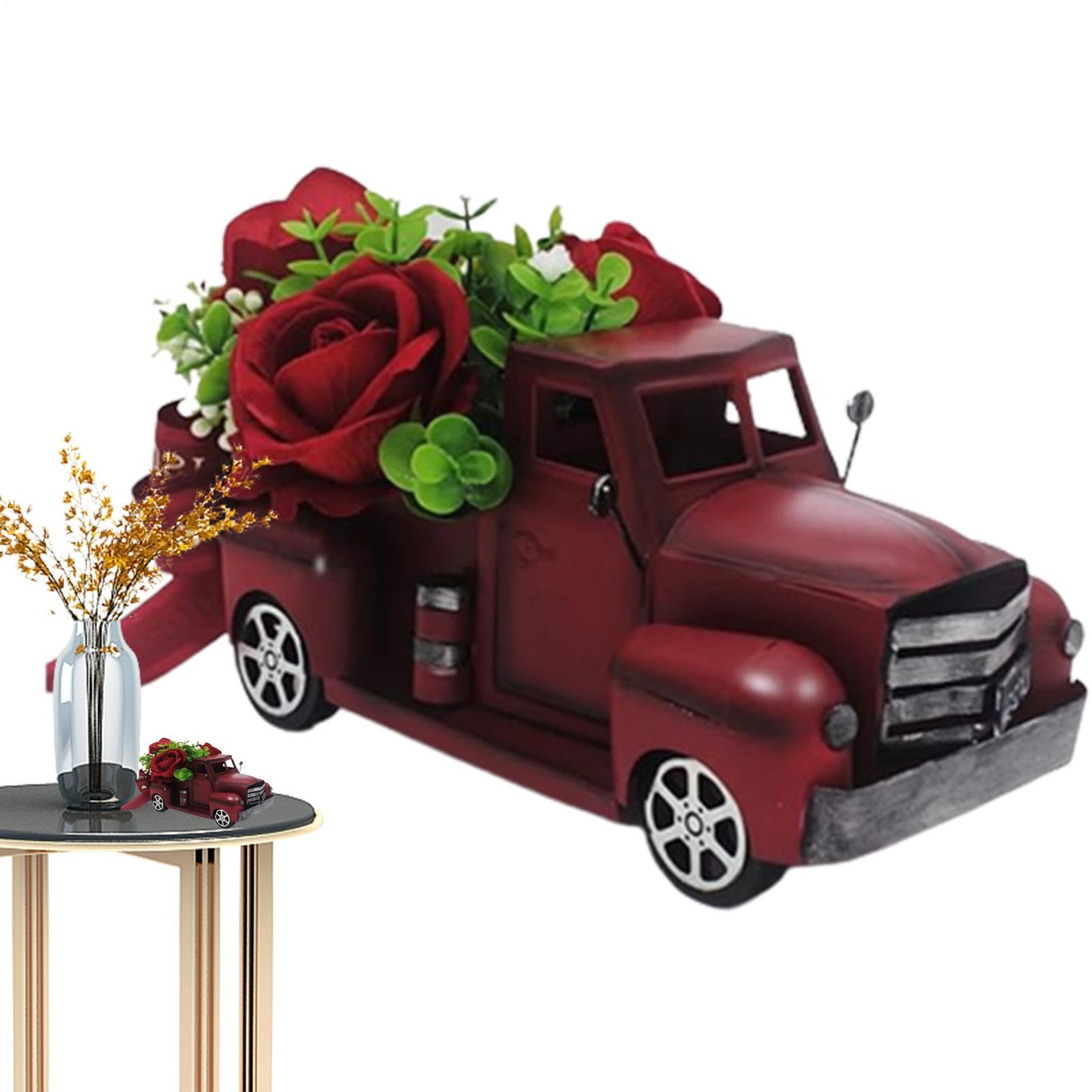 Camion de Noël Décoration de Table de Ferme Vintage en Métal Rouge pour Fêtes