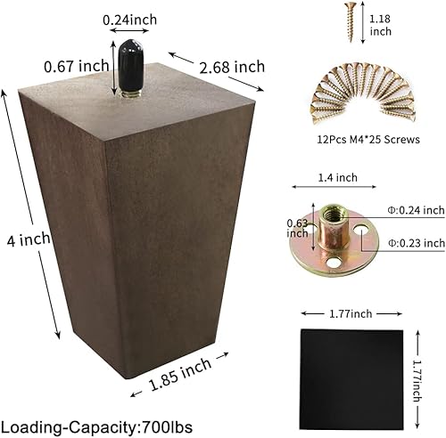Miniatura 2 de LBW Patas para sofá de 4 pulgadas, patas cuadradas de madera para muebles, patas de pirámide de madera antideslizantes para sofá, patas de mesa de