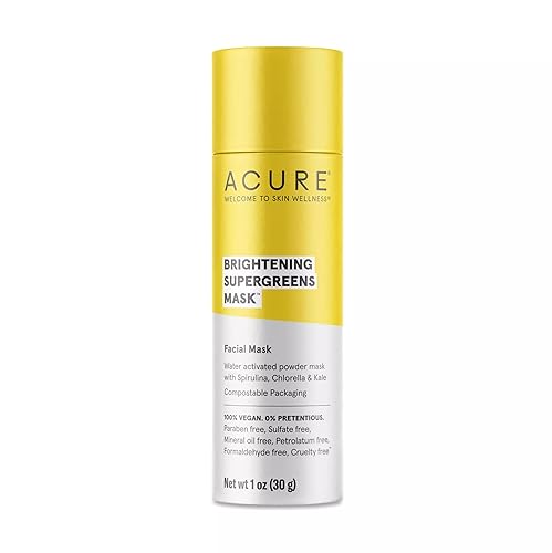 Acure Brightening Supergreens Mask - Máscara facial verde concentrada para limpiar, desintoxicar e hidratar - Máscara facial en polvo activado por