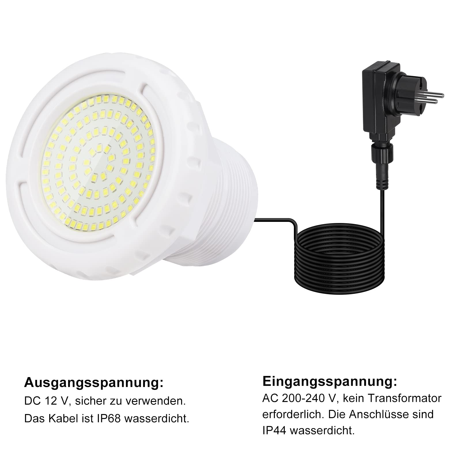 LED Poolbeleuchtung Unterwasser für Aufstellpool, 12W kalte weiße Frame Pool Poolbeleuchtung, 12V LED Unterwasserscheinwerfer IP68 Wasserdicht mit 7m Kabel,Außengewinde 2 ¼ Zoll