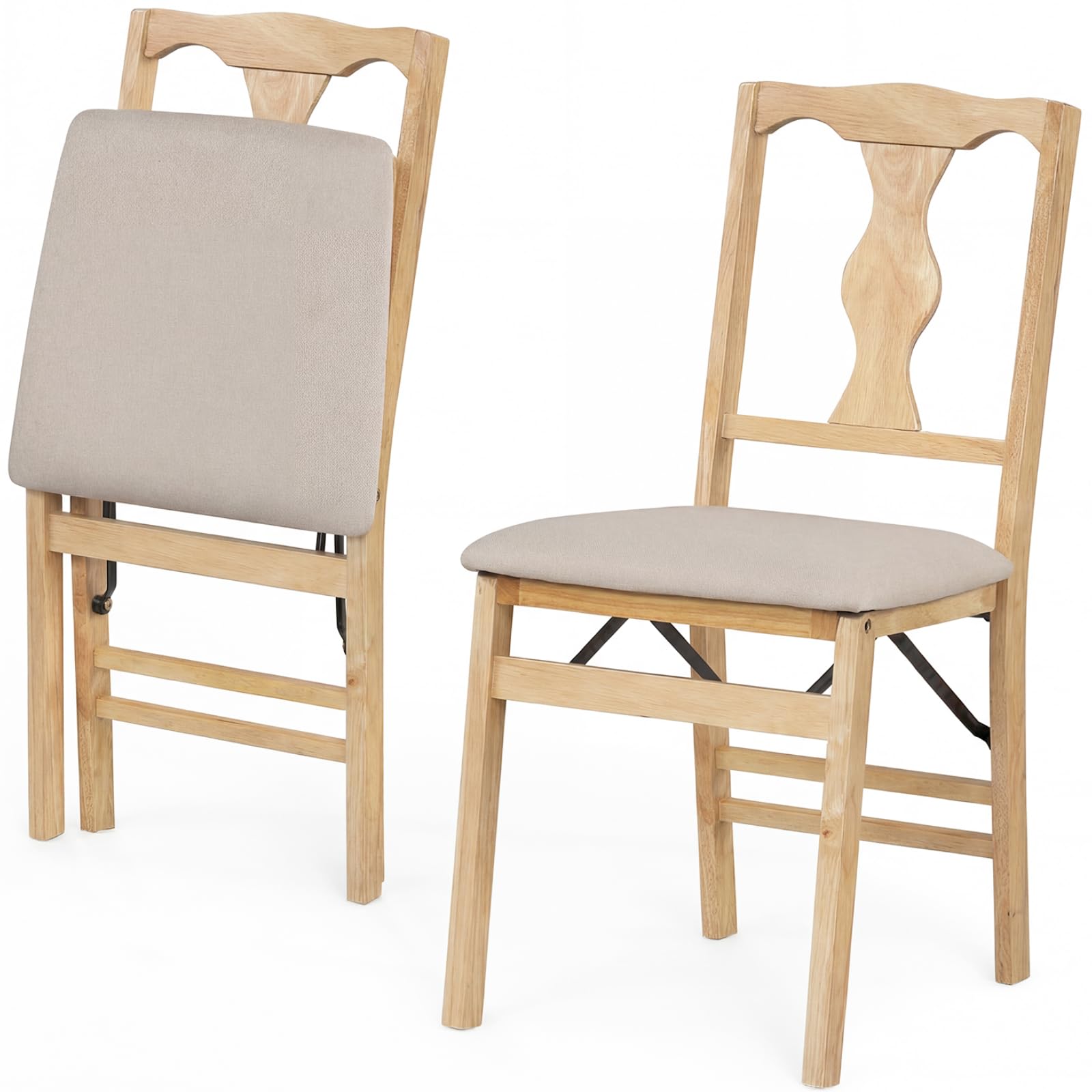 TANGZON Folding Chairs Set of 2/4, Rubber Wood Padded Dining Chairs with Backrest, Home Kitchen Guest Conference Office Upholstered Seats (Linen Fabric Seat, Vase Pattern Back, 2PCS, Beige+Natural)