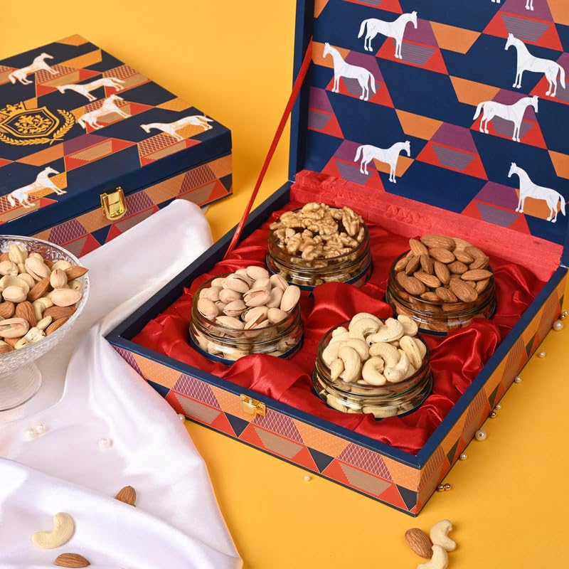 Riwaz Luxury Red Horse Giftbox filled Almonds, Cashew, Pistachio and Walnuts|4ss designer Box|Perfect For Corporate, Wedding & Festival Gifting 1