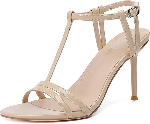 Mostrin Nude Strappy Heels Lace Up Stiletto Heels Round Open Toe T Stap Heeled S