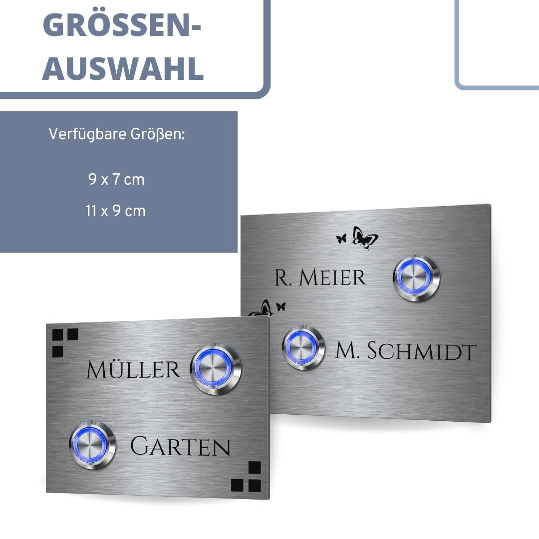 2 Fach Türklingel aus Edelstahl mit Gravur und Namen - Modell Wagner ab 9x7 cm | Klingelplatte mit 2 LED-Klingeltastern | Personalisiert mit Wunschtext und Motiven | Klingel für Mehrfamilienhaus