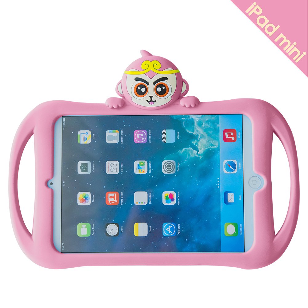 iPad Mini 2 3 4 Case, Bole Cat Mini iPad Silicone Cute Monkey Case for Kids Handle Shockproof Waterproof Holder for Children (Pink)