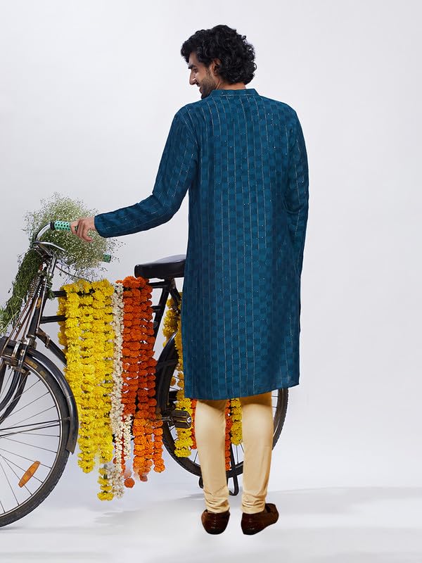 Image of KISAH Men's Kurta Churidar Set, Turquoise Blue Pure Cotton, Embroidered Regular Fit Mandarin Collar Long Sleeves (XL)