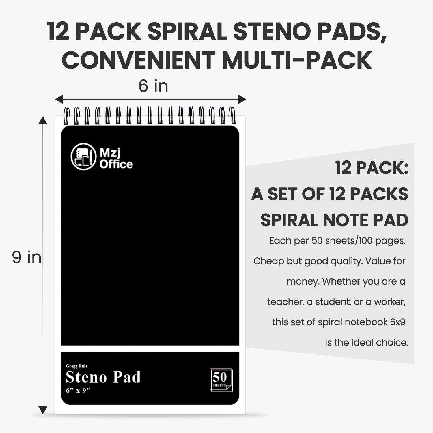 Steno Blöcke, Spiralbindung, 15,2 x 22,9 cm, 12 Stück, Steno-Notizblock, 50 Blatt, Gregg linierte Spiralen, Notizbücher für die Arbeit