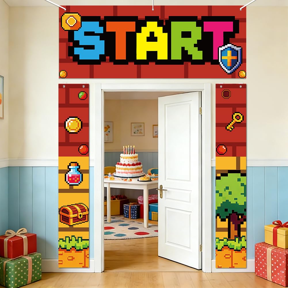 SUPERDANT 3Pcs Pixel Game Porch Banner Set Photo Booth Backdrop Supplies Wall Hanging Sign for Door Lawn Archway Photography Backdrop Supplies Party Decorations Colorful