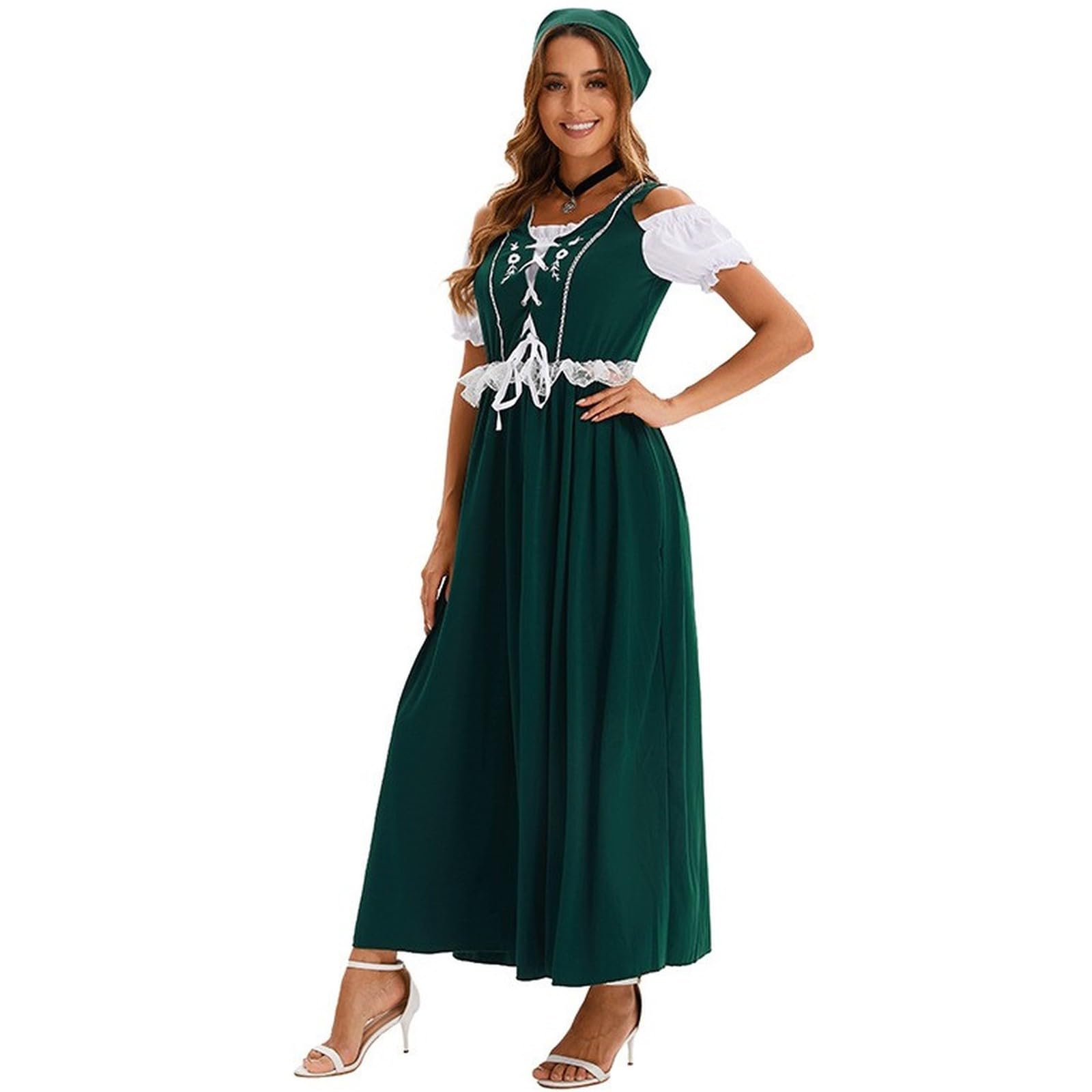 FUPODD Dirndl Rot Damen Lang Oktoberfest Damen Outfit Dirndl-Komplettsets Mit Bluse Trachtenkleid Elegant Ohne Schürze Dirndlkleid Mit Spitze Oktoberfest-Kleidung Inkl. Kopftuch Dirndlkleider Maxi