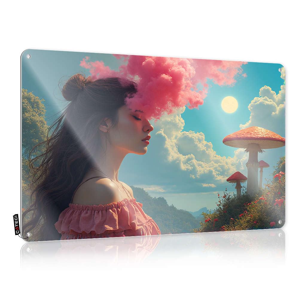 Fzfn Colour Tin Wall Decor Grunge Wall Decor | A Woman In A Pink Dress With Surreal Mushrooms And Clouds. Humor For Longhorn Home(30X40cm)