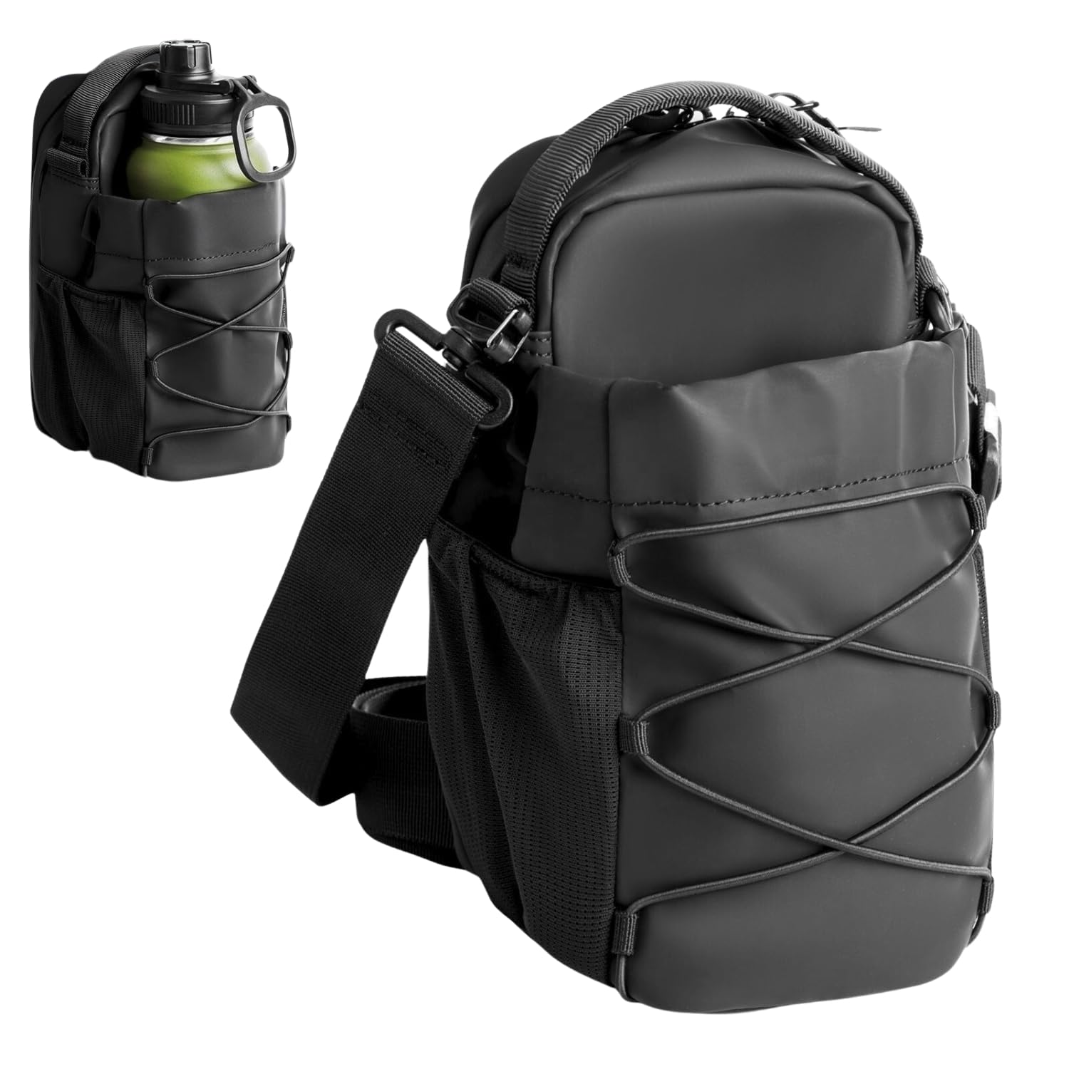 Unisex Magnetic Gym Bag Crossbody Sports Bag with Water Bottle Holder & Adjustable Strap with Secure Zip Closure | Small Passport Shoulder Sling Bag for Travel Cycling Workout & Yoga (Black)-image-5