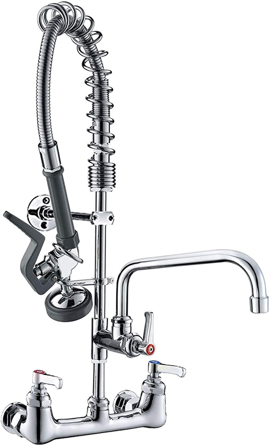 8 Inch Center Wall Mounted Commercial Kitchen Sink Tap POUGEO Pre Rinse Mixer Faucet Brass Constructed Polished Chrome with 12" Add-on Swivel Spout and Pull Out Spray