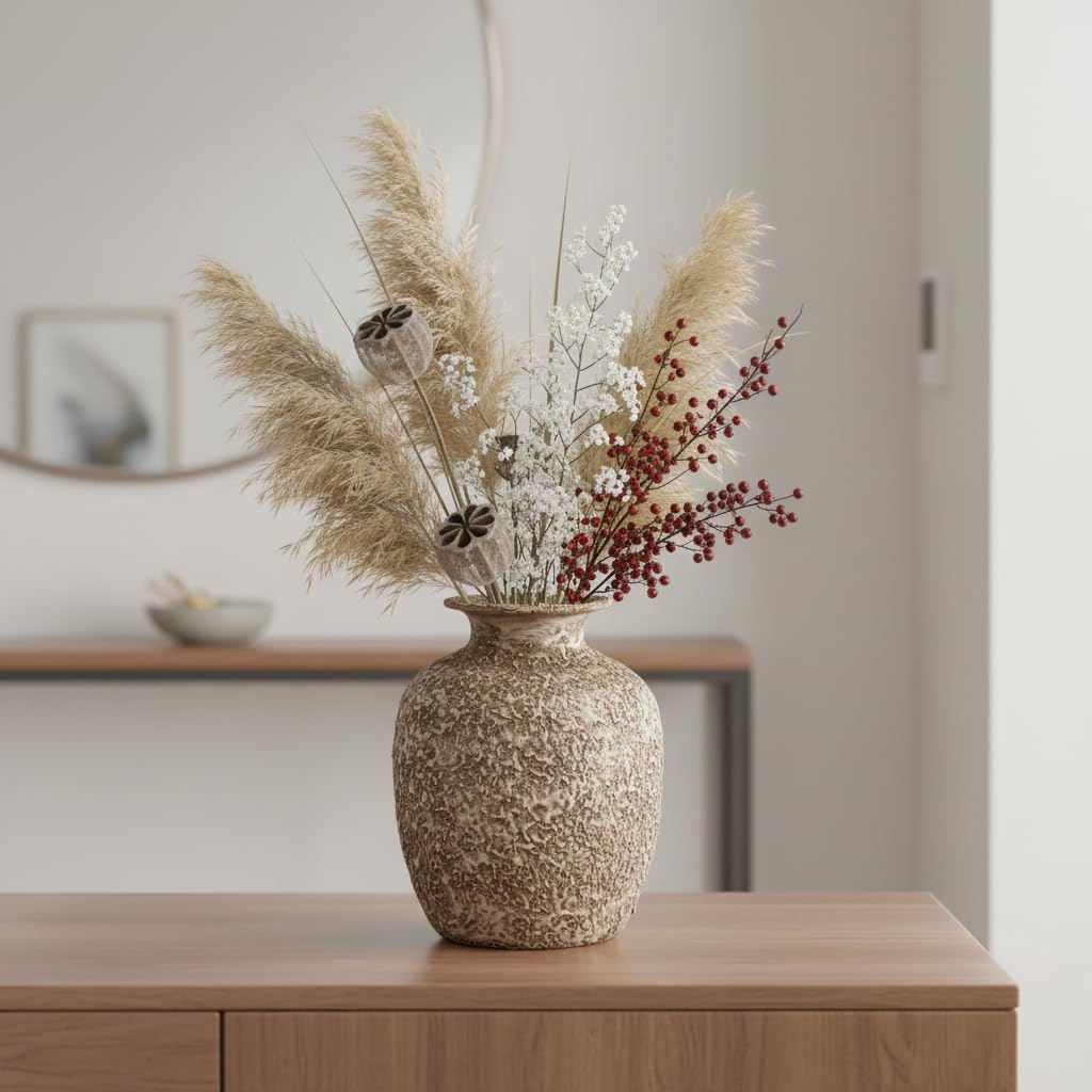 Brown Ceramic Vase - 7 Inch Rustic Textured Vase for Flower, Terracotta Farmhouse Vases for Home Decor, Coffee Table, Artificial Branches, Night Stand Decor