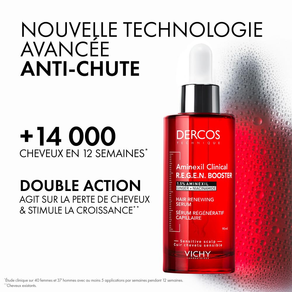 VICHY DERCOS Aminexil Clinical R.E.G.E.N. Booster Sérum Anti-Chute, Aminexil 1,5 % + Gingembre + Niacinamide, +14 000 Cheveux en 12 Semaines, Sans Paraben, 90 ml | Aminexil 1,5 %, Gingembre + Niacinamide, +14 000 Cheveux en 12 Semaines, Sans Paraben