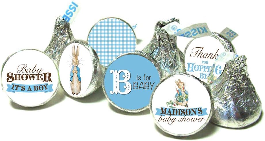 PETER RABBIT Baby Shower kiss stickers - Beatrix Potter kiss stickers ~ Fits Individually Wrapped Chocolate - It's a boy! (108 peel & stick stickers) (Personalized)