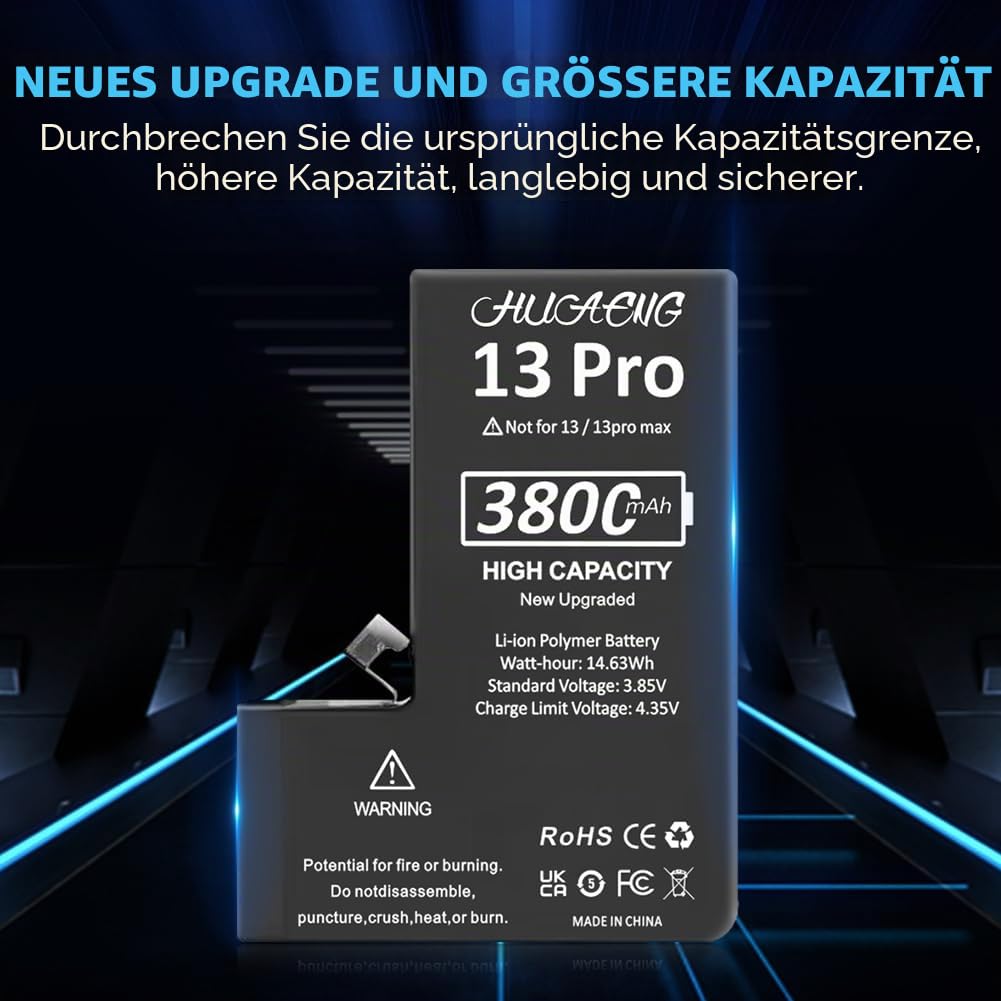 Akku für iPhone 13 Pro, [3800 mAh] Verbesserter 2026 Neuer 0-Zyklen-Ersatzakku mit hoher Kapazität für iPhone 13 Pro A2636 A2638 A2639 A2640 A2483 6,1 Zoll mit professionellem Ersatzwerkzeugsatz