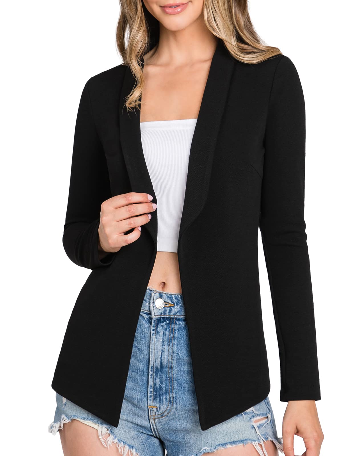 Women's Shirring 3/4 Sleeve One Button Casual Blazer with Plus Size Black, Cwobl034_black, S