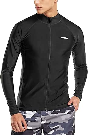 TSLA Men's Long Sleeve Zip Rash Guard, UPF50+ UV/Sun Protection Quick Dry Swim Shirts