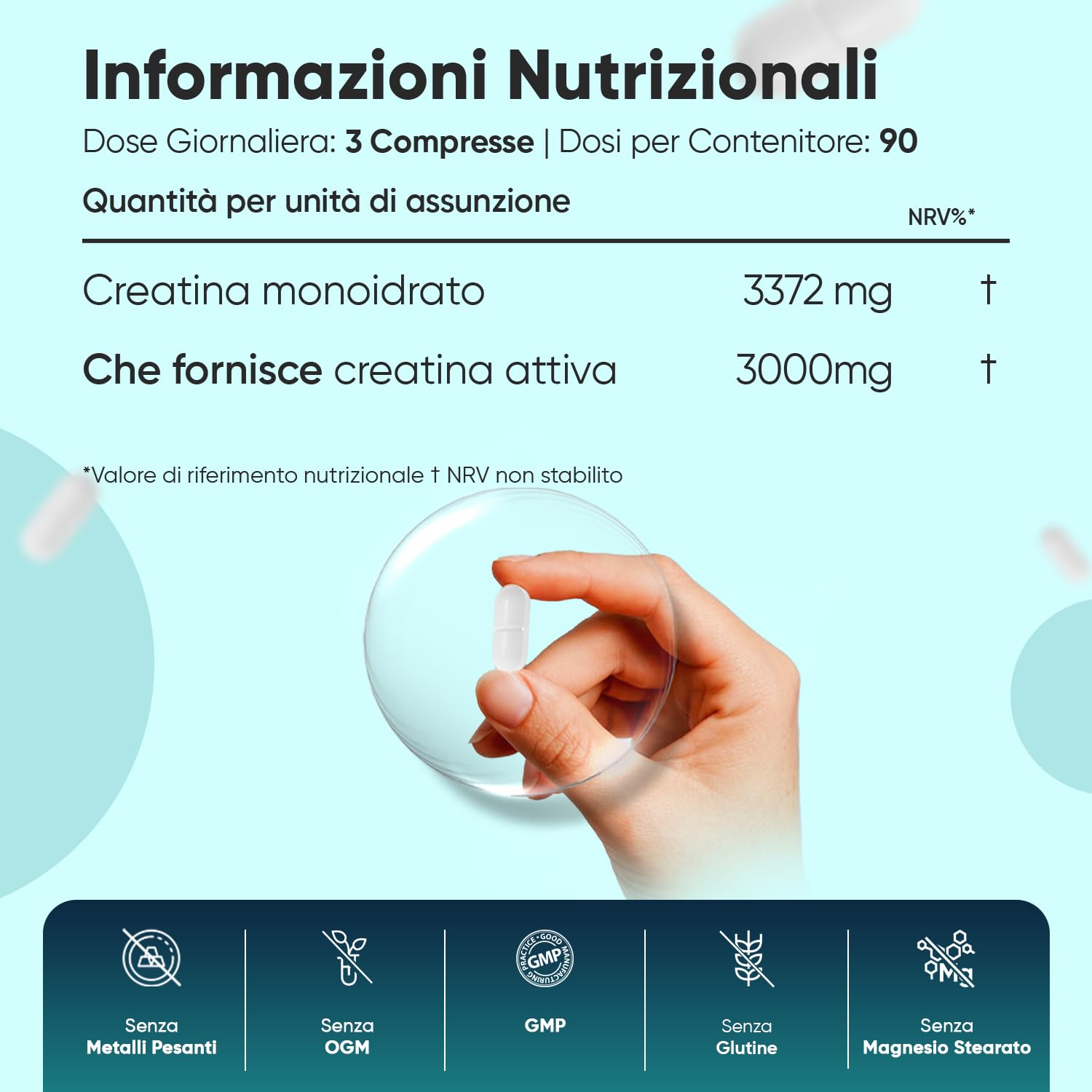 Creatina Monoidrata Vegana, 3000mg per Dose (3 Mesi di Scorta) Senza Magnesio Stearato, Uomini e Donne, Pre Workout, Intra, Post Workout, 270 Creatina Compresse Senza Glutine né Coloranti Artificiali