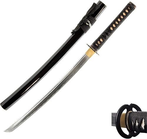 HMS - Espada Wakizashi de entrenamiento de aleación de aluminio sin afilar, hecha a mano, tanga completa, Musashi Tsuba, color negro