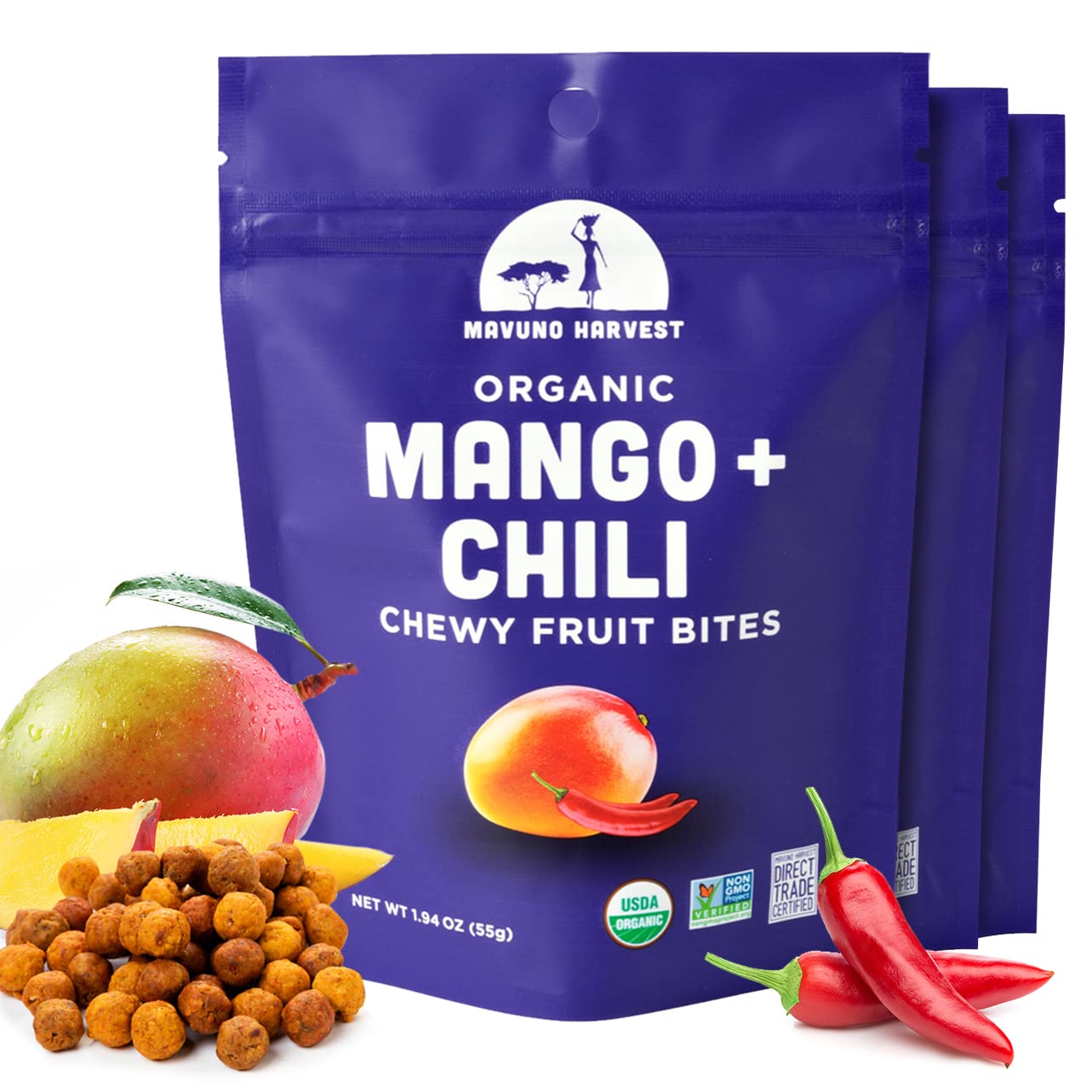 Mavuno Harvest Organic Fruit Snacks - Chewy Fruit Bites - Healthy Food for Kids & Adults - Ethically Sourced, Non-GMO, No Preservatives - Mango & Chili - 1.94-oz. Snack Packs, Pack of 3