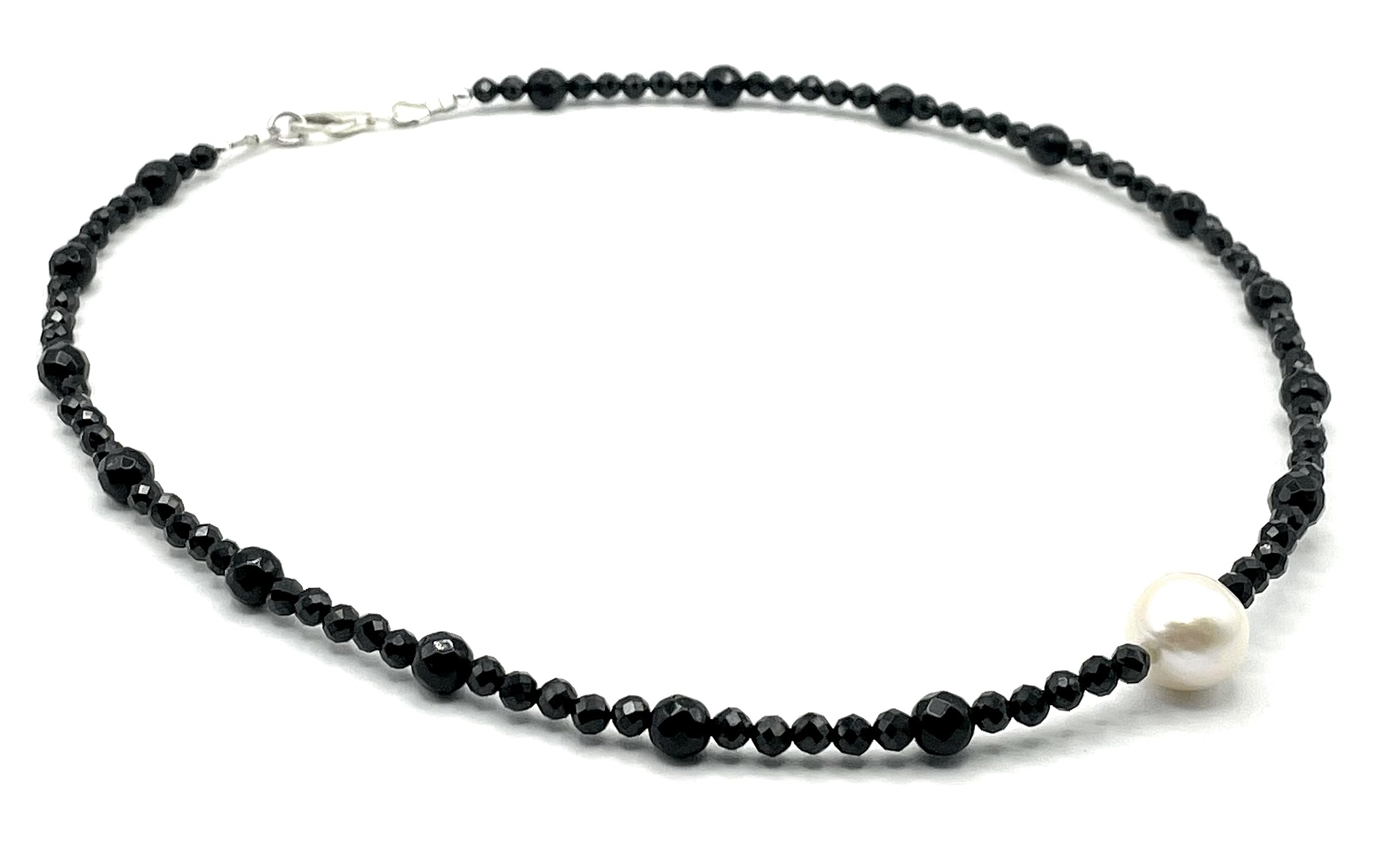 Collar de Plata 925 y Perla Barroca Blanca e Espinela Negra, Joyas Artesanales, Estilo Contemporaneo, Regalo para Mujer