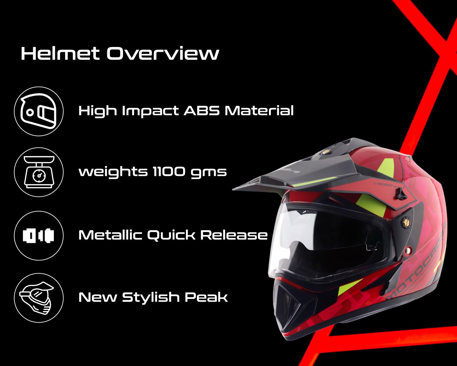Vega Off-Road Motocross ISI Certified Gloss Finish Full Face Helmet for Men with Dual Visor and Stylish Peak-Red Black-M - Image 3 thumbnail