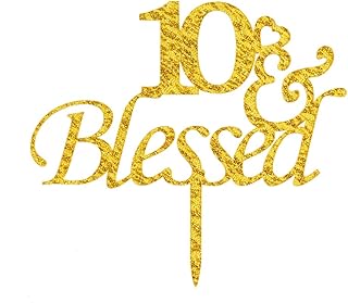 Sponsored Ad - 10&Blessed Cake Topper, Gold Acrylic Cake Decor for Children's 10th/10 Years Old Birthday Party