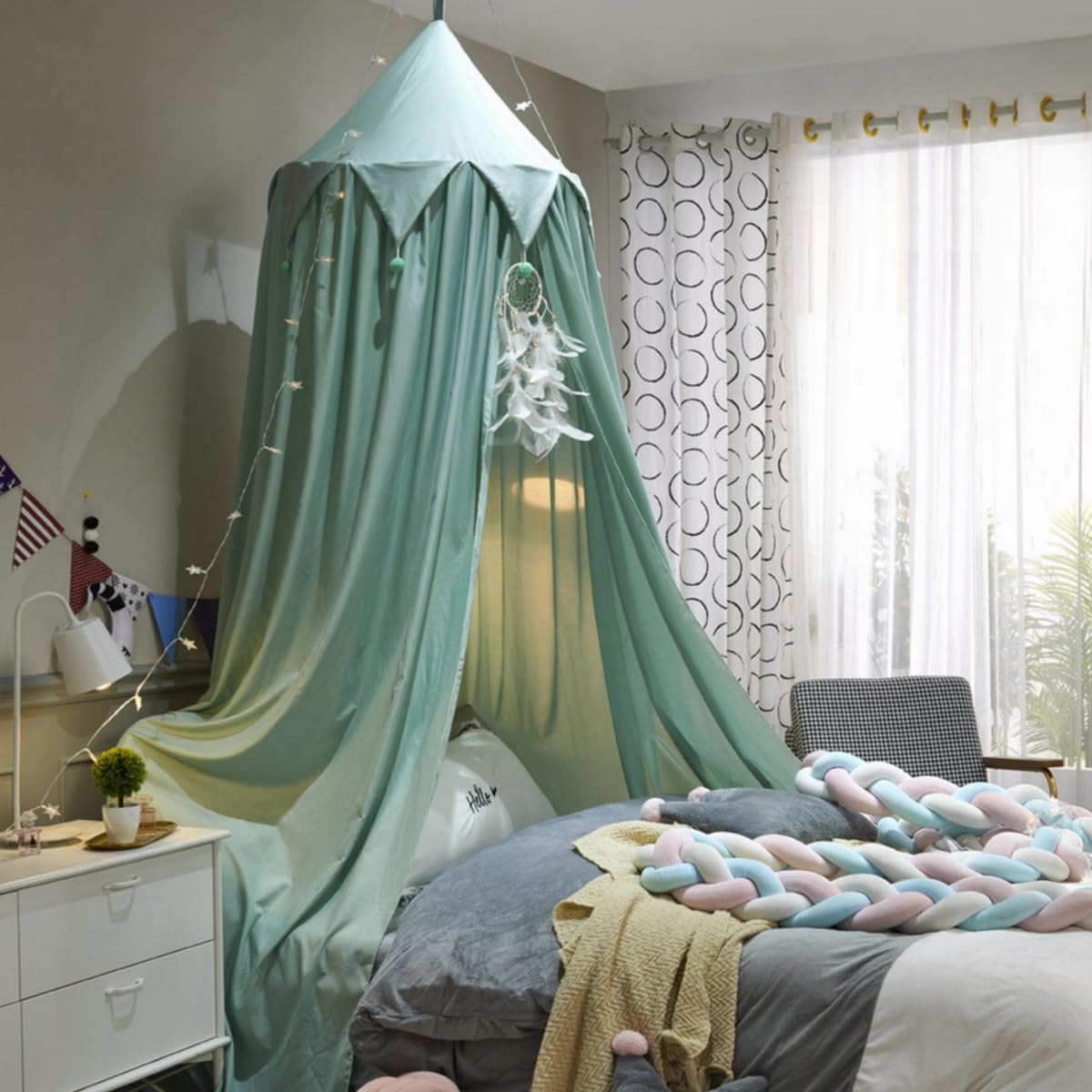 Surwin Bed Canopy for Girls Lake Green Round Dome Children Mosquito Net Protection Canopy