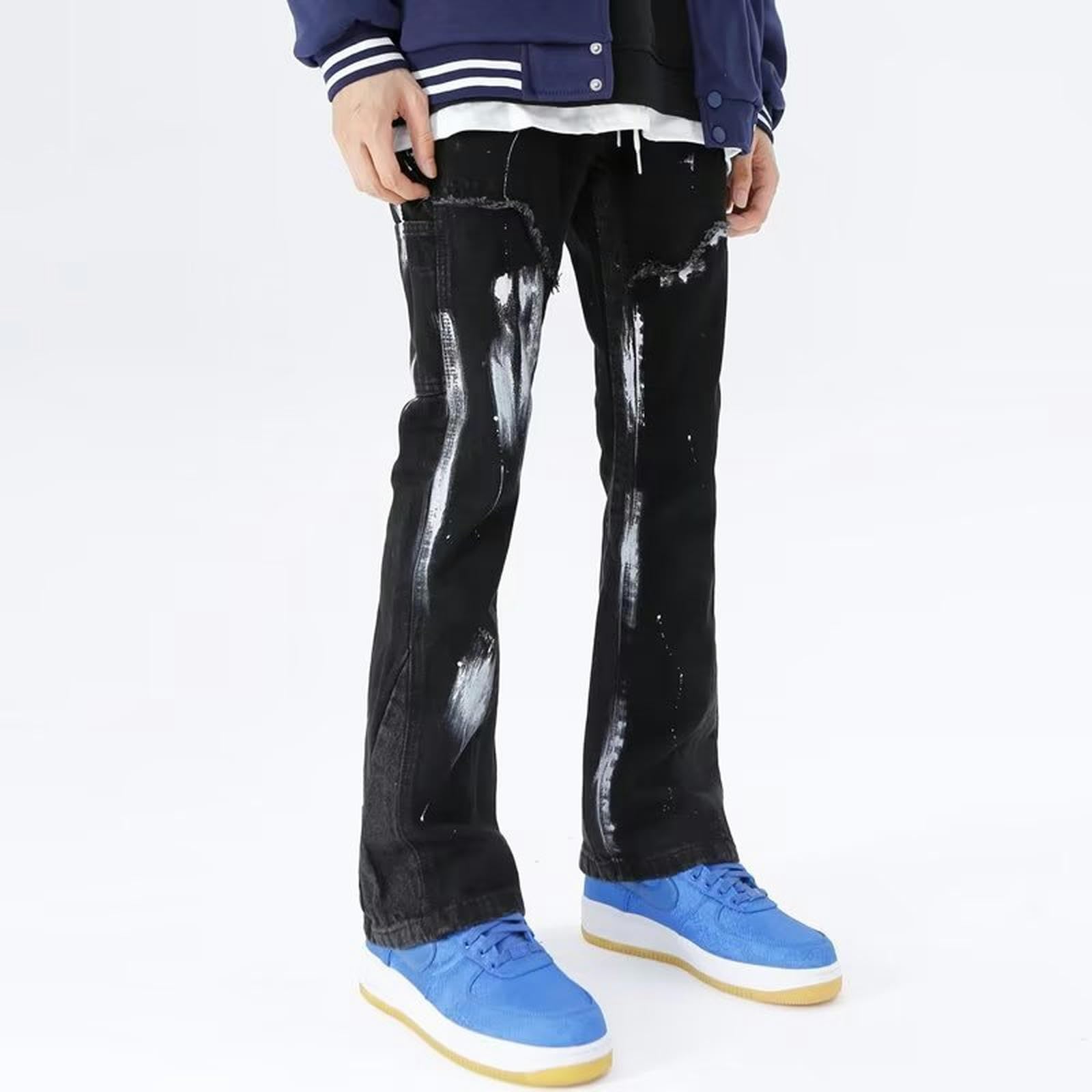 Jeans Hip-Hop Streetwear da Uomo, Pantaloni Leggermente Svasati-Nero-M