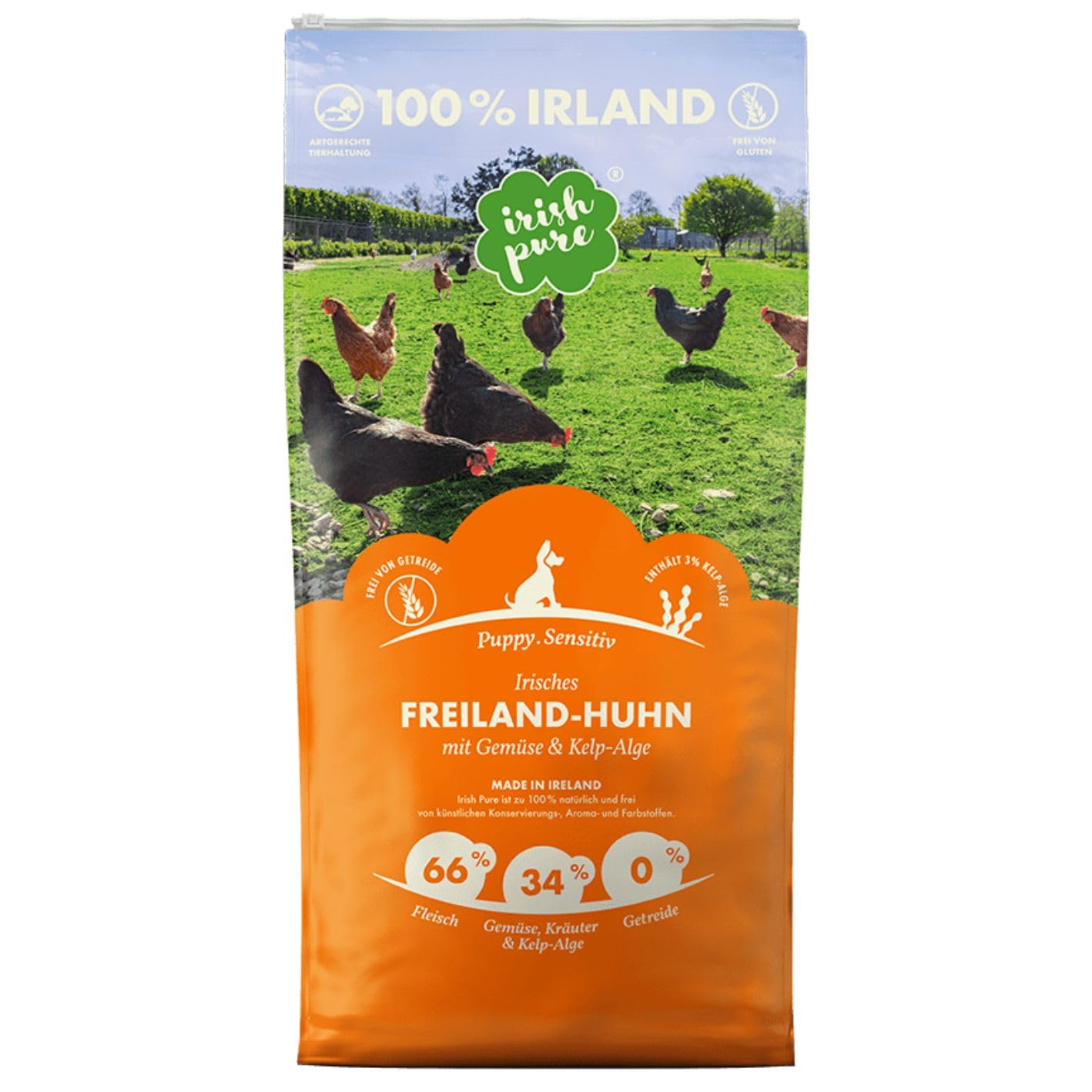 Irish Pure Puppy Trockenfutter | 12kg | Welpenfutter | Freiland-Huhn mit Kelp-Alge & Gemüse | Puppy | Hoher Fleischanteil | Getreidefrei | Sensitiv | Hundetrockenfutter | Für alle Rassen