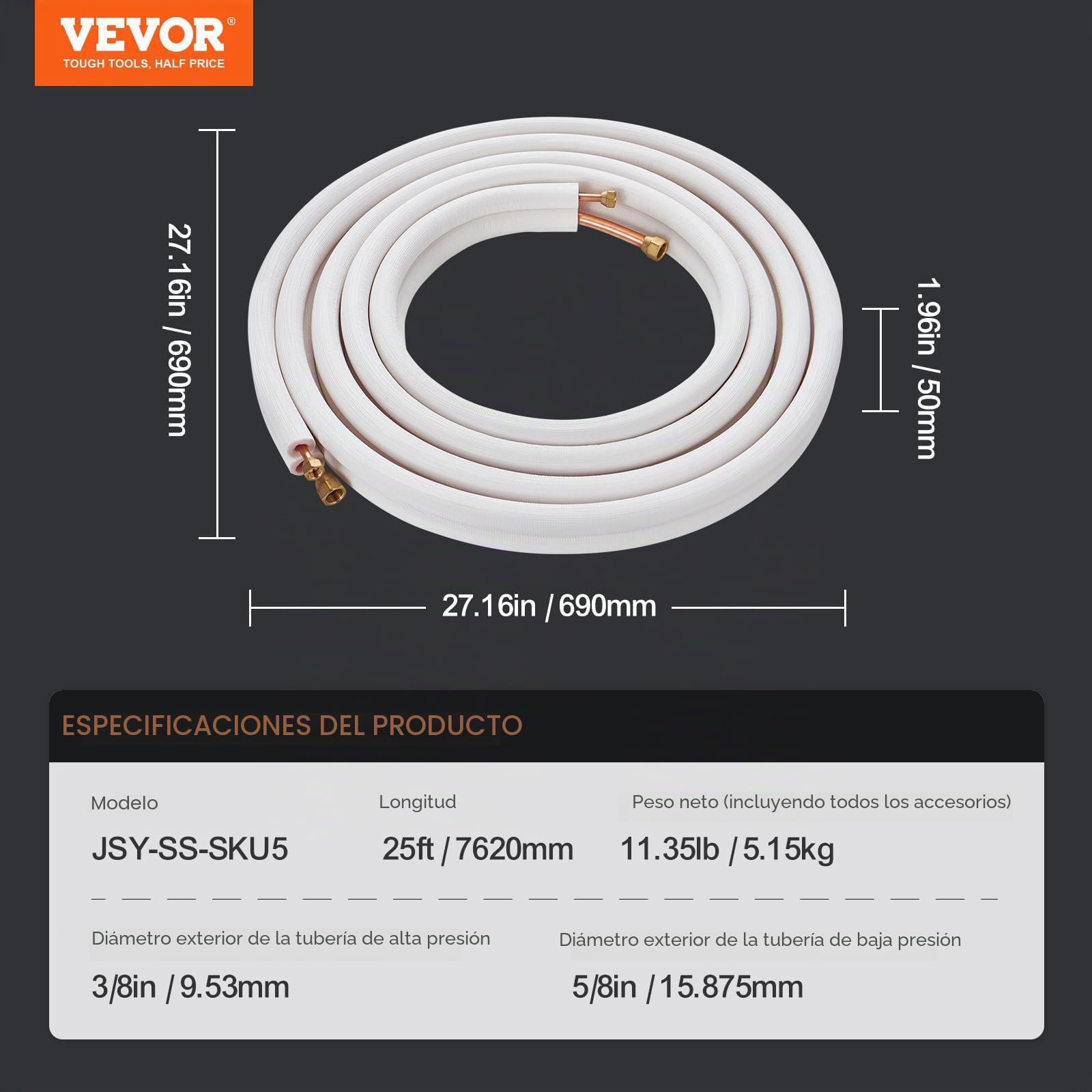 VEVOR Mini líneas divididas, tubos de cobre de 25 pies, 9,53 mm, 15,875 mm de diámetro exterior, aislamiento de triple capa para mini aire acondicionado dividido, equipo de refrigerante