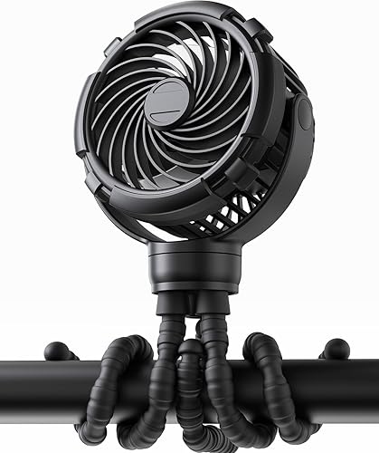 Ventilador de cochecito, recargable con puerto tipo C, 4000 mAh, giratorio de 360°, trípode flexible de 3 velocidades, clip en cualquier lugar para