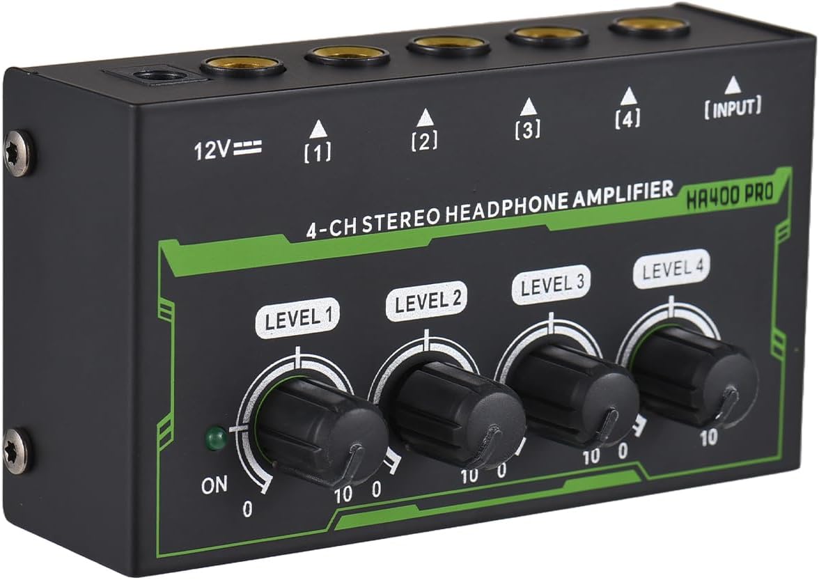 Headphone Amplifier 4 Channel Stereo Headphone Amp Mini Audio Amplifier with Power Adapter DC 12V 6.35mm Input/Output Interface Portable Earphone Amp Splitter for Stage Studio