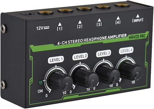 Headphone Amplifier 4 Channel Stereo Headphone Amp Mini Audio Amplifier with Power Adapter DC 12V 6.35mm Input/Output Interface Portable Earphone Amp Splitter for Stage Studio