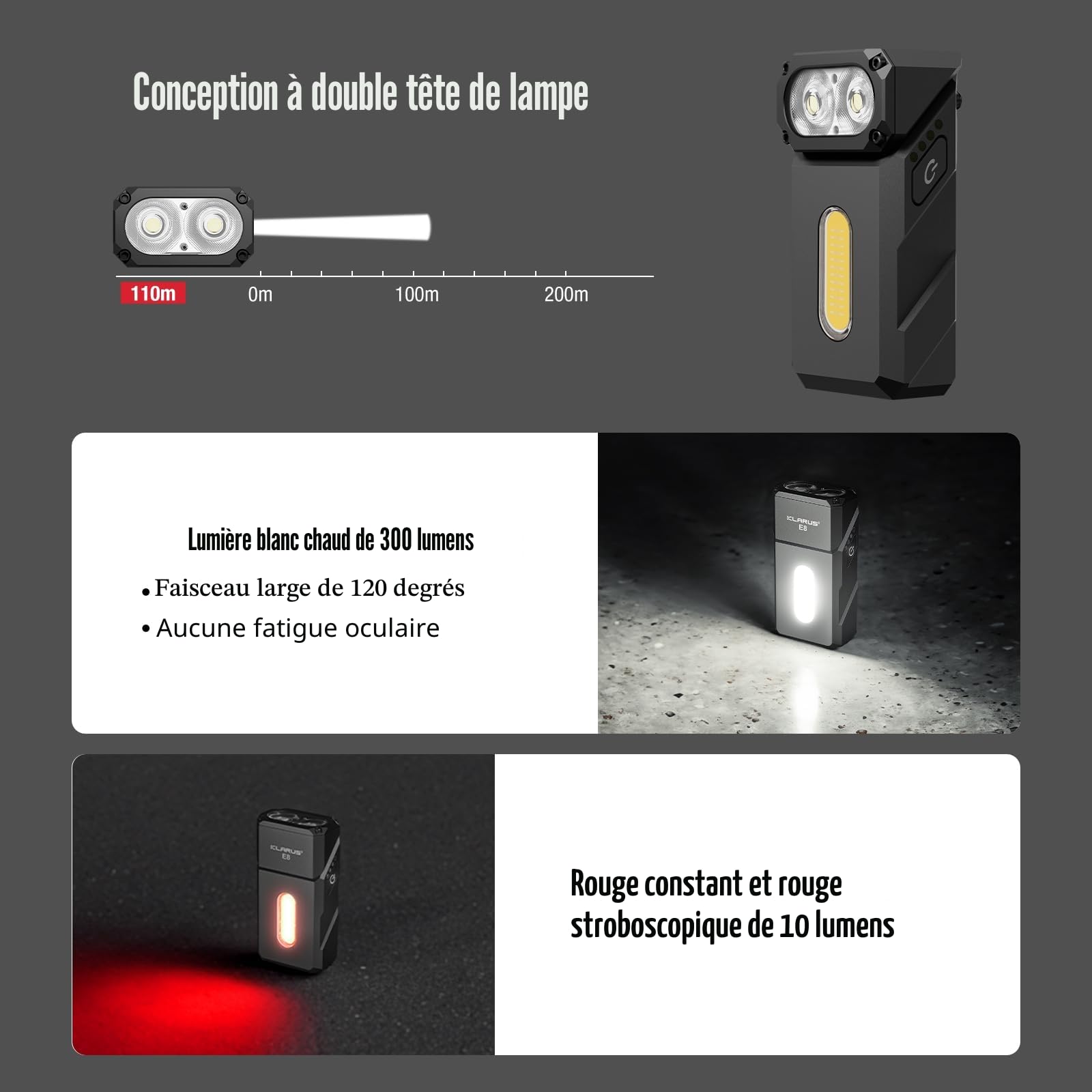 KLARUS E8 EDC Lampe de poche rechargeable,système triple lumière 1 000 lumens, tête pivotante à 180 °, design compact tout en métal avec aimant et clip de poche, lampe de travail étanche IPX6
