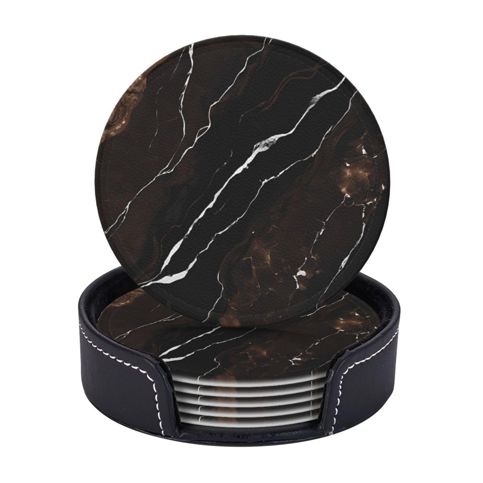 Coasters Set of 6 Microfiber PU leather Coasters with Holders for Drinks Coffee Bar Accessories, House Apartment Coffee Table Decor, Housewarming Gifts - Black rose gold Marble