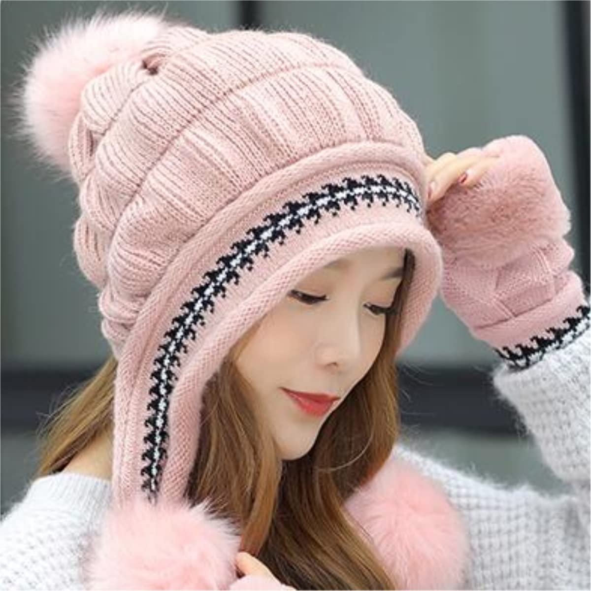 Berretto Invernale Cappello Invernale Caldo Sci Coniglio Pelliccia Pon Pon Guanti Caldi + Cappello Lavorato A Maglia Cappello Invernale Da Donna In Lana Cappello Invernali