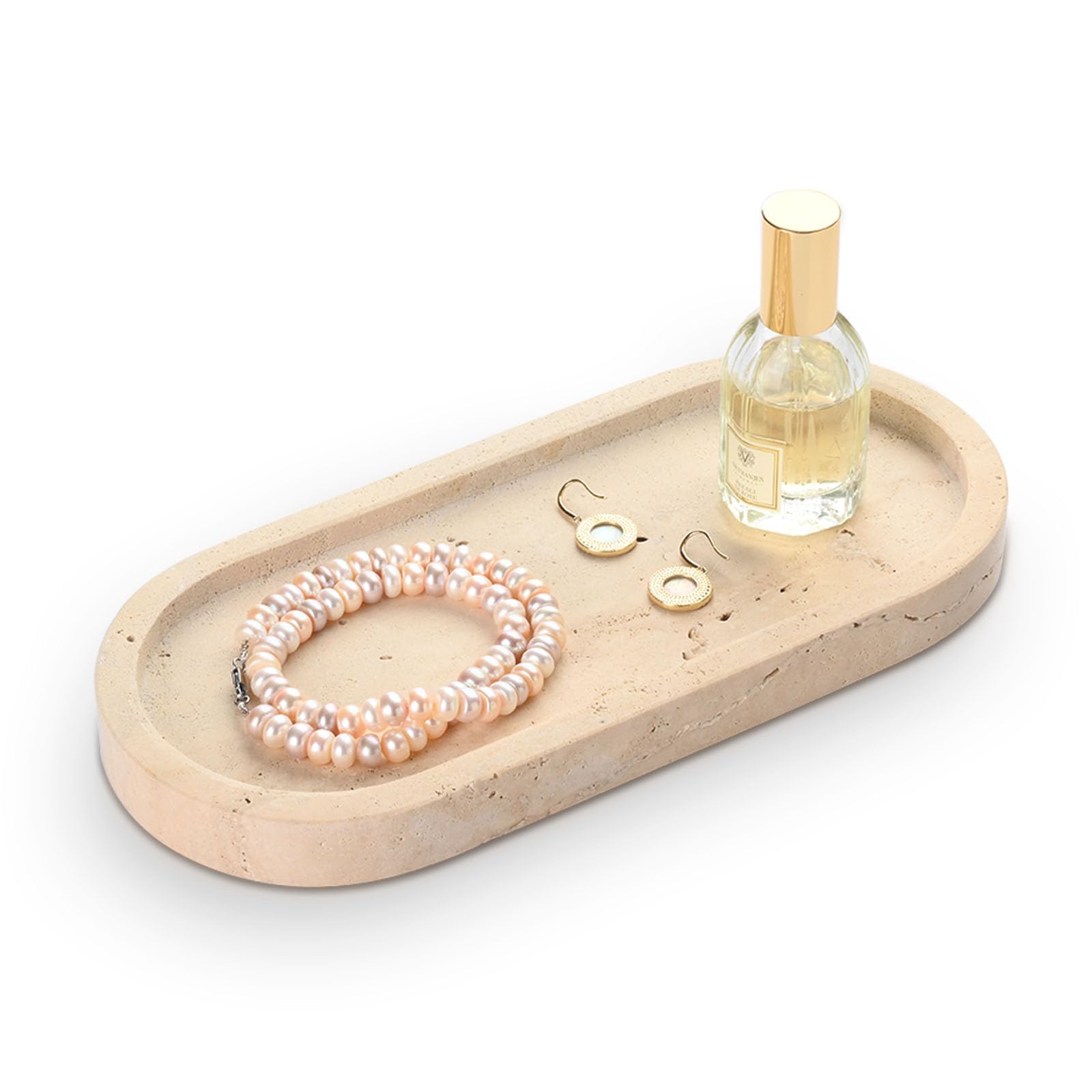 Plateau Decoratif Ovale, Plateau Marbre Naturel 25 cm, Beige Plateaux Salle de Bain, Plateaux Parfum Modernes Travertin, Rangement Comptoir pour Bijoux, Cosmétiques, Bougie
