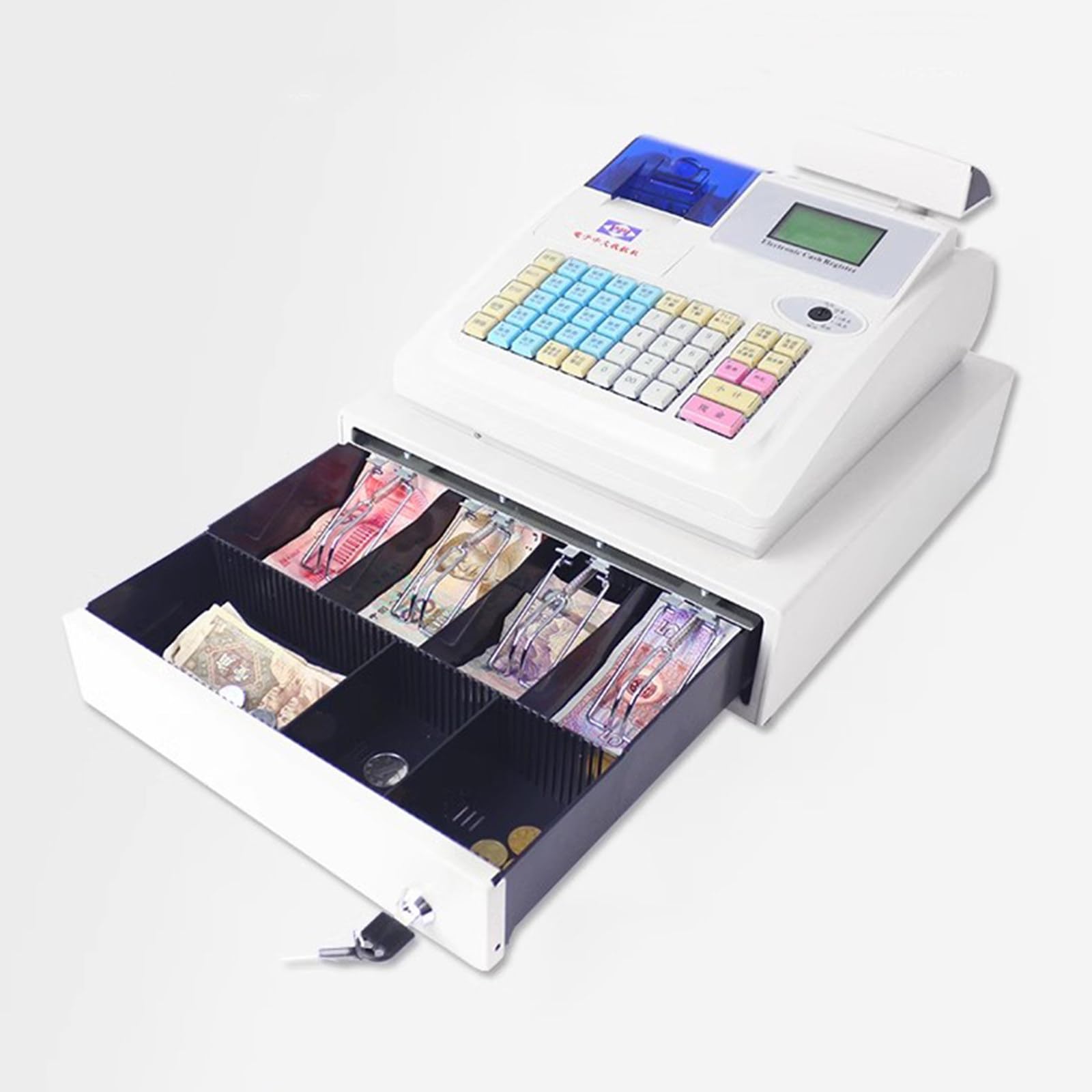 Caja Registradora Electrónica De 48 Teclas con Pantalla Digital Led De 8 bits para Clientes, Caja Inteligente con Impresora Térmica para Supermercados.(Blanco)
