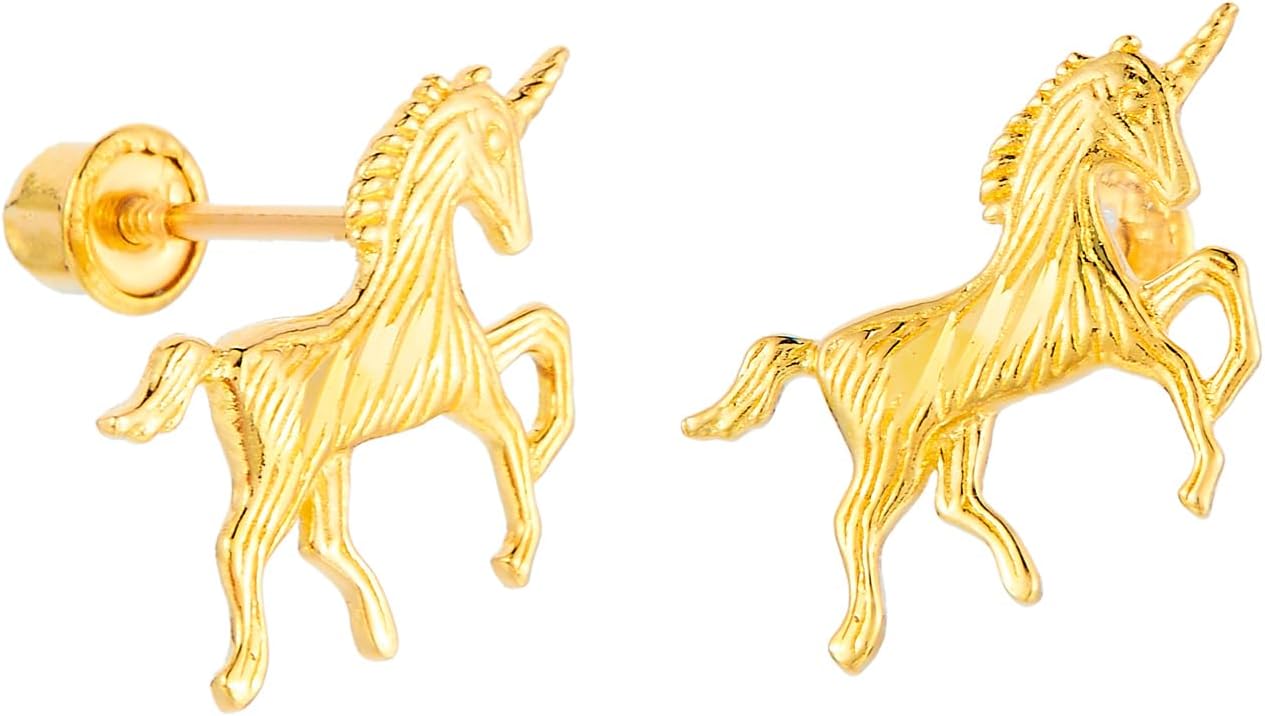 14k REAL Yellow Gold Unicorn Stud Earrings with Screw Back