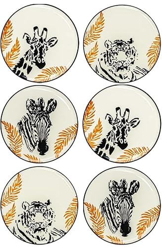 PHRYGIA Porcelain Plate Set, Set of 6, 8 Inch, Lightweight Ceramic Plate,Lunch Plates,Small Dinner Plate Set,Colorful Pattern Plate,Animal Desing Plate,Funny Dinner Plate for Children (20cm, Safari)