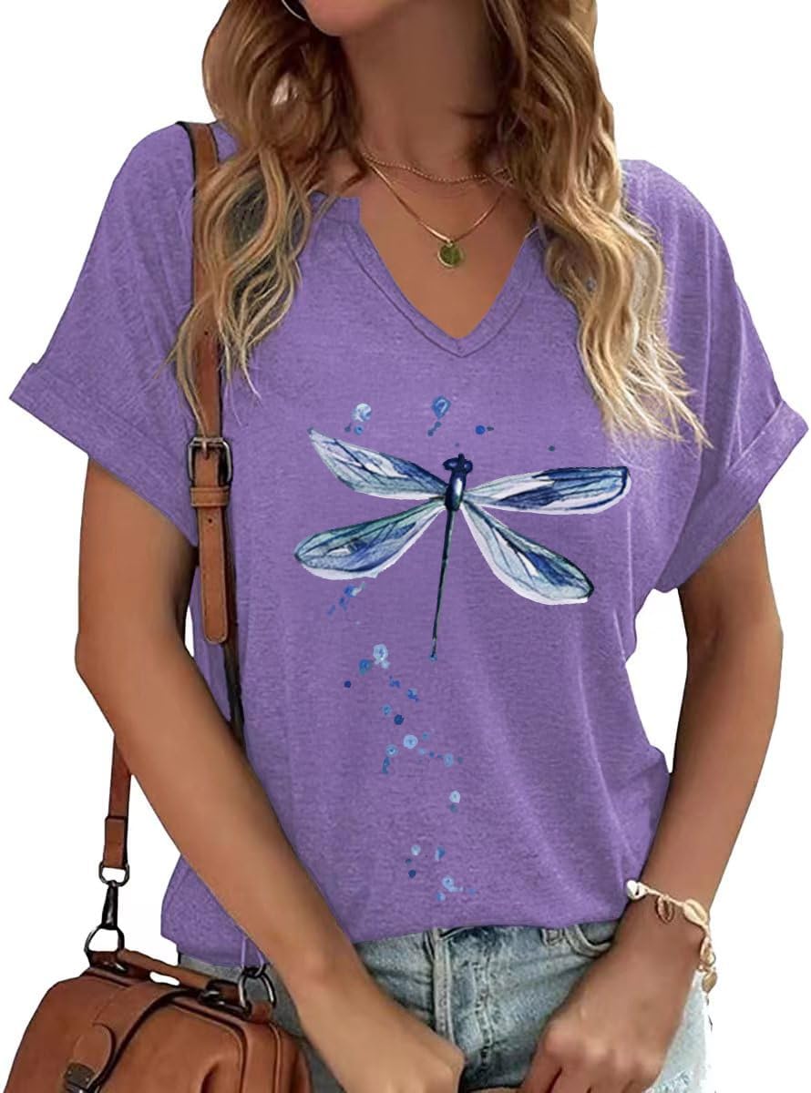 PUCKOLITY Vintage Flowers V Neck Shirt for Women Boho Floral Wildflowers Graphic Tee Casual Cottagecore Summer T Shirt